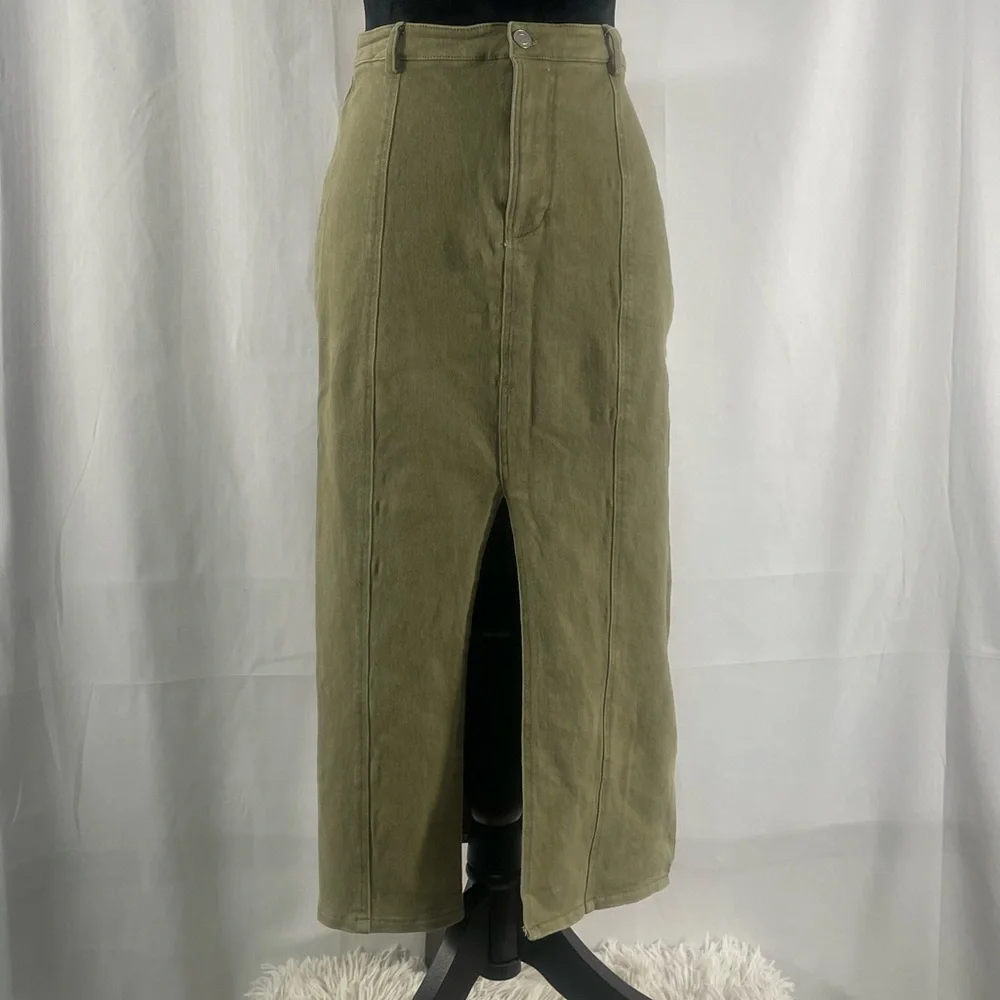 Edit by nine olive,army green stretch denim midi skirt with front slit,Large - Picture 9 of 9